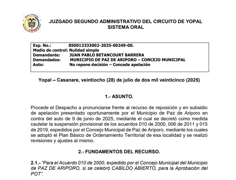 Juzgado ratifica decisión de primera instancia sobre dejar sin efectos los PBOT desde el año 2000 en Paz de Ariporo