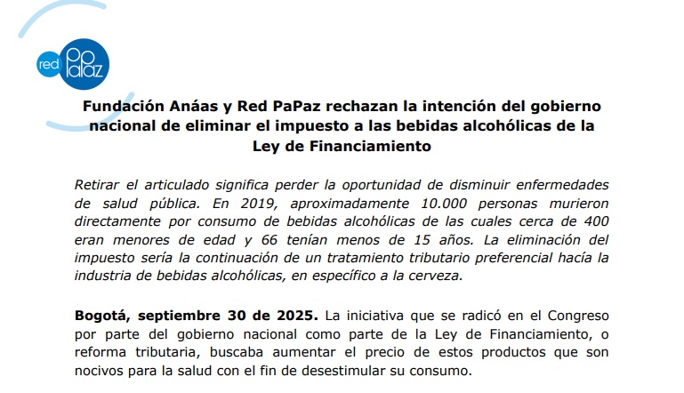 Fundación Anáas y Red PaPaz rechazan la intención del gobierno nacional de eliminar el impuesto a las bebidas alcohólicas de la Ley de Financiamiento